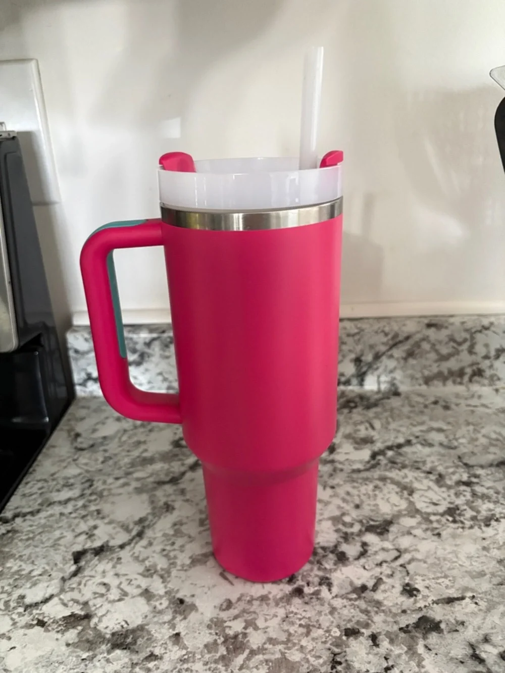 Stanley Hot Pink Travel Mug with Teal Logo and Handle Accents - Picture 3 of 8